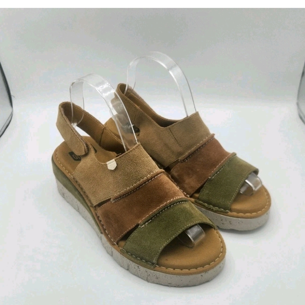 On Foot Zen Brown Green Leather Suede Sandals Womens Size 38 7.5 8